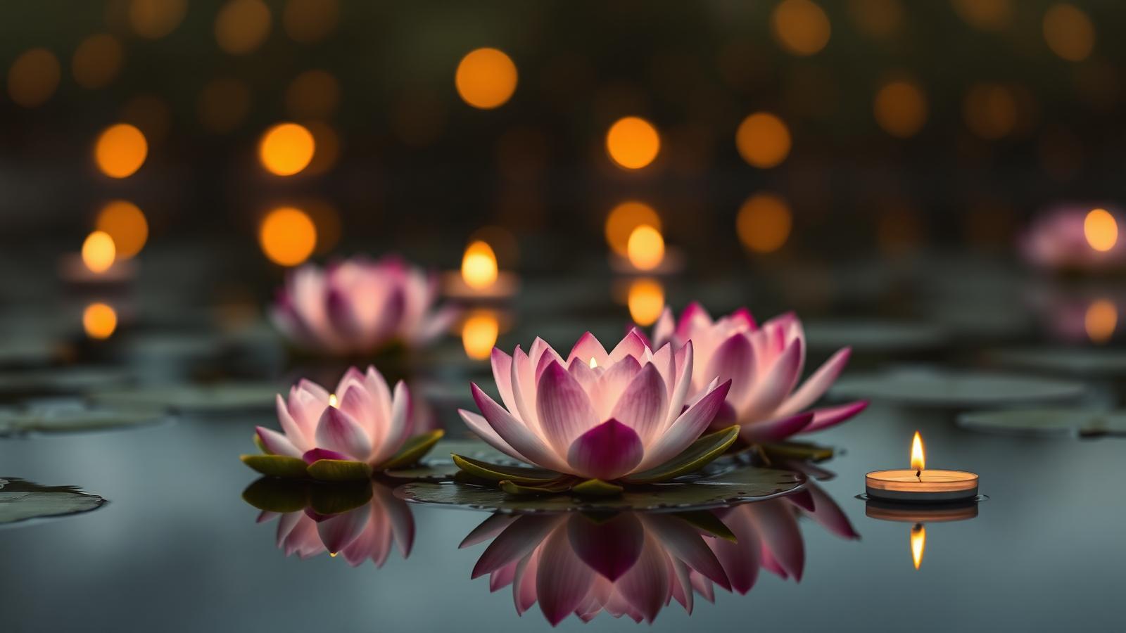 Lotus flowers floating on candlelit water