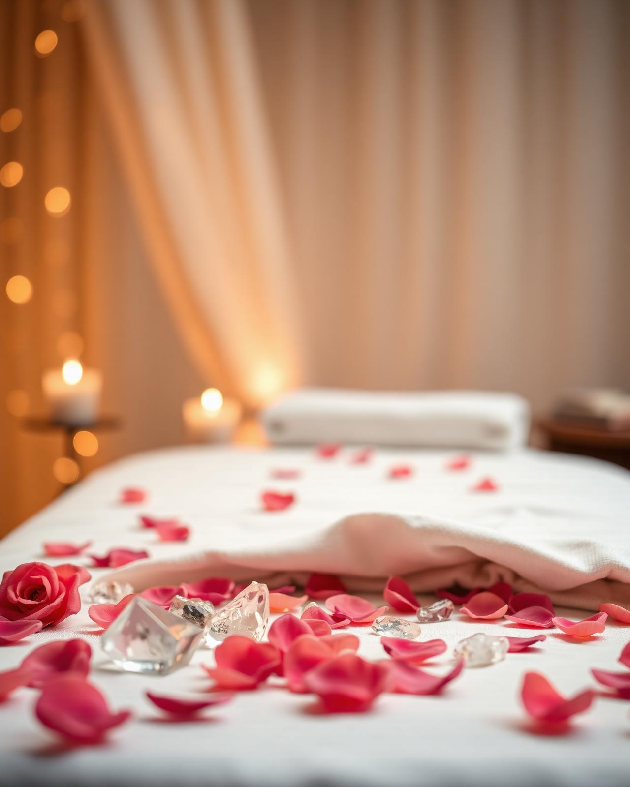 Candlelit treatment table draped in white linen with rose petals and crystals