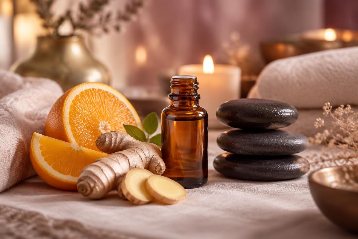 Amber essential oil bottle, fresh orange and ginger beside warm basalt hot stones